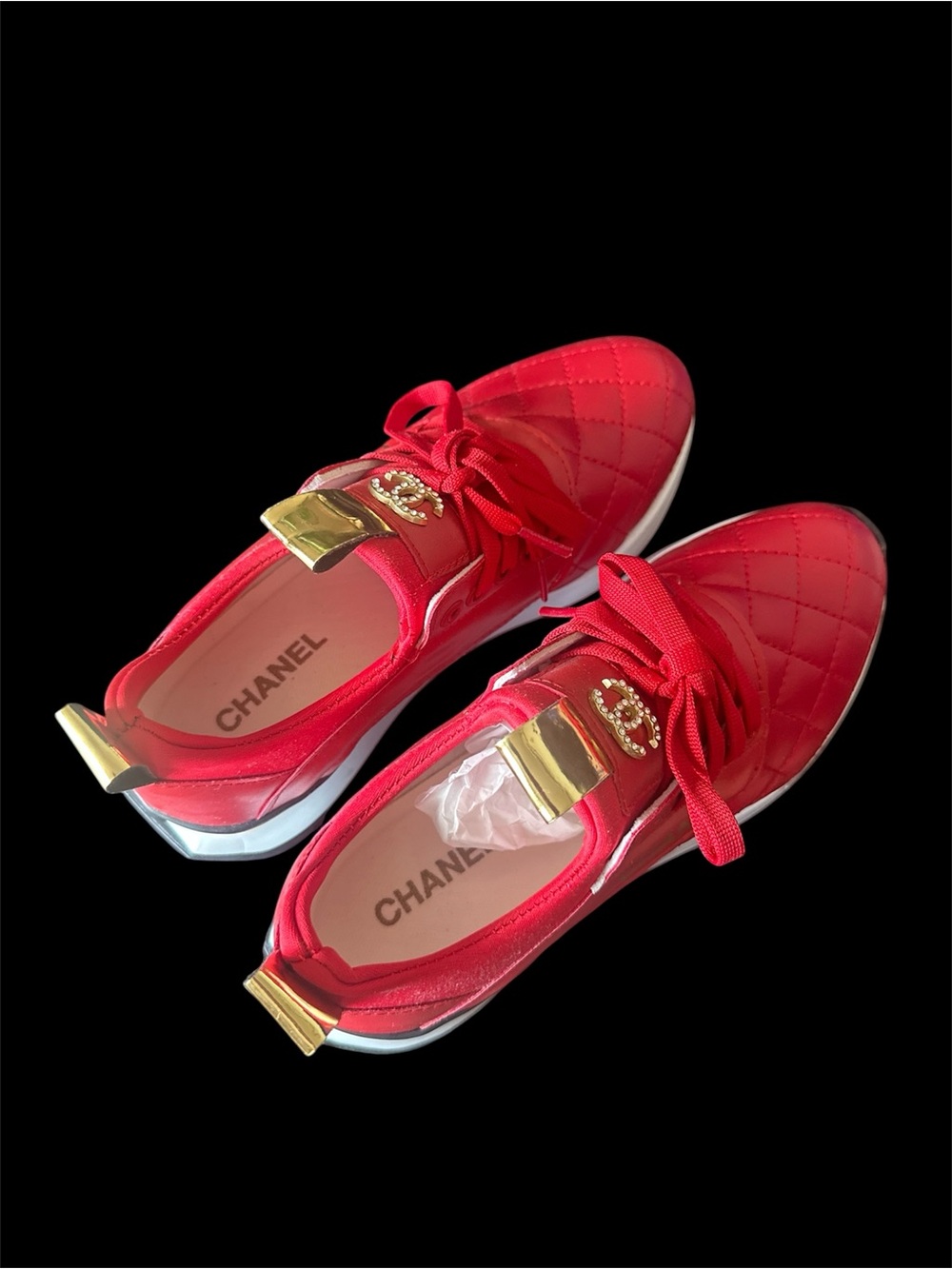 CHANEL Red Quilted Sneakers with Gold Accents - Picture 2 of 4